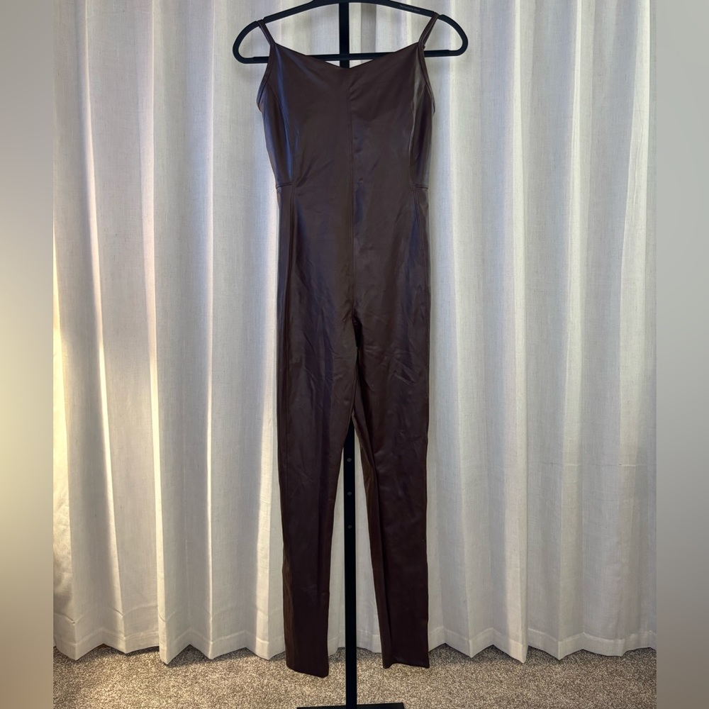 Aerie Chocolate Brown Faux Leather Jumpsuit
